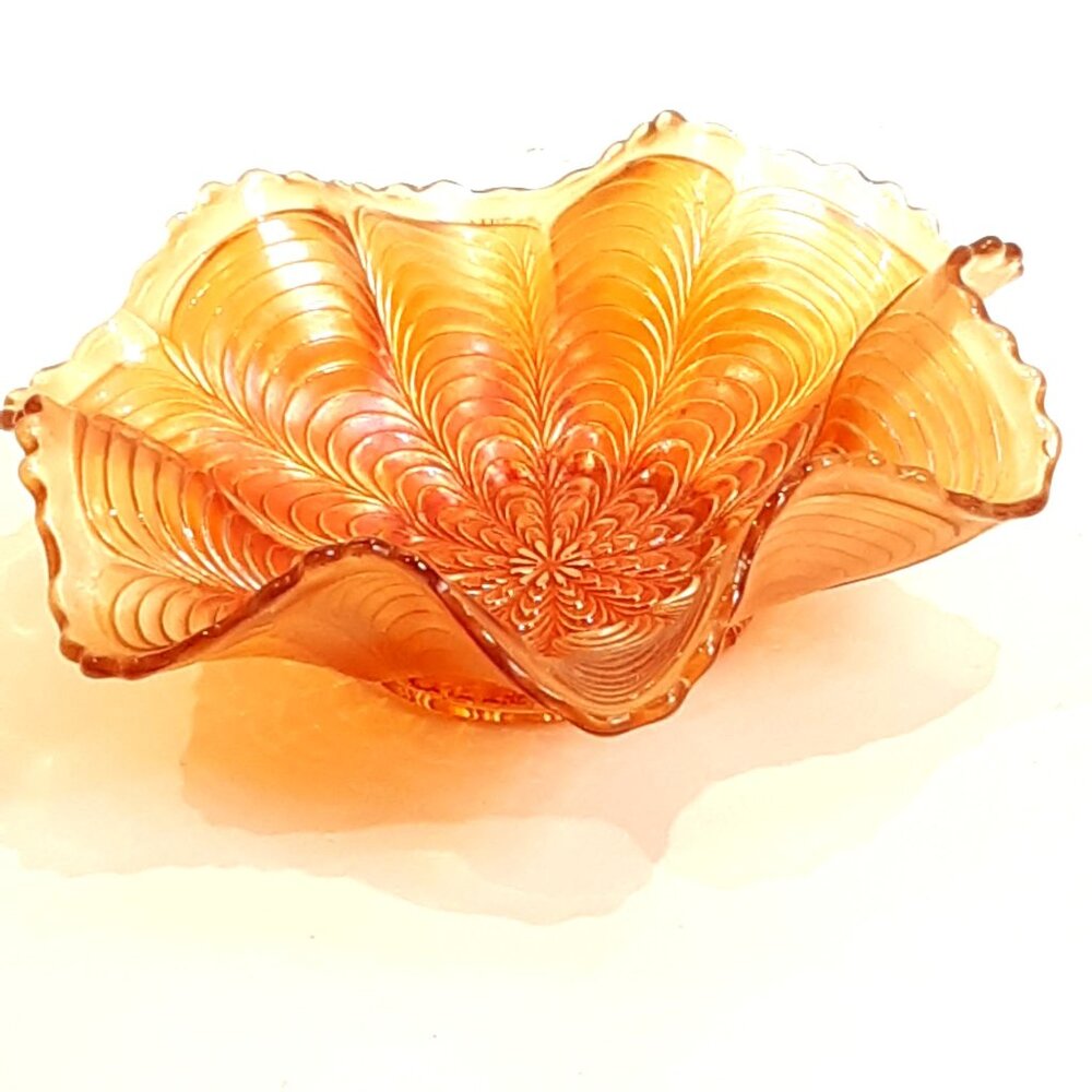 Vintage Fenton Peacock Tail Marigold Carnival Glass Bowl Ruffled Edges Feathers